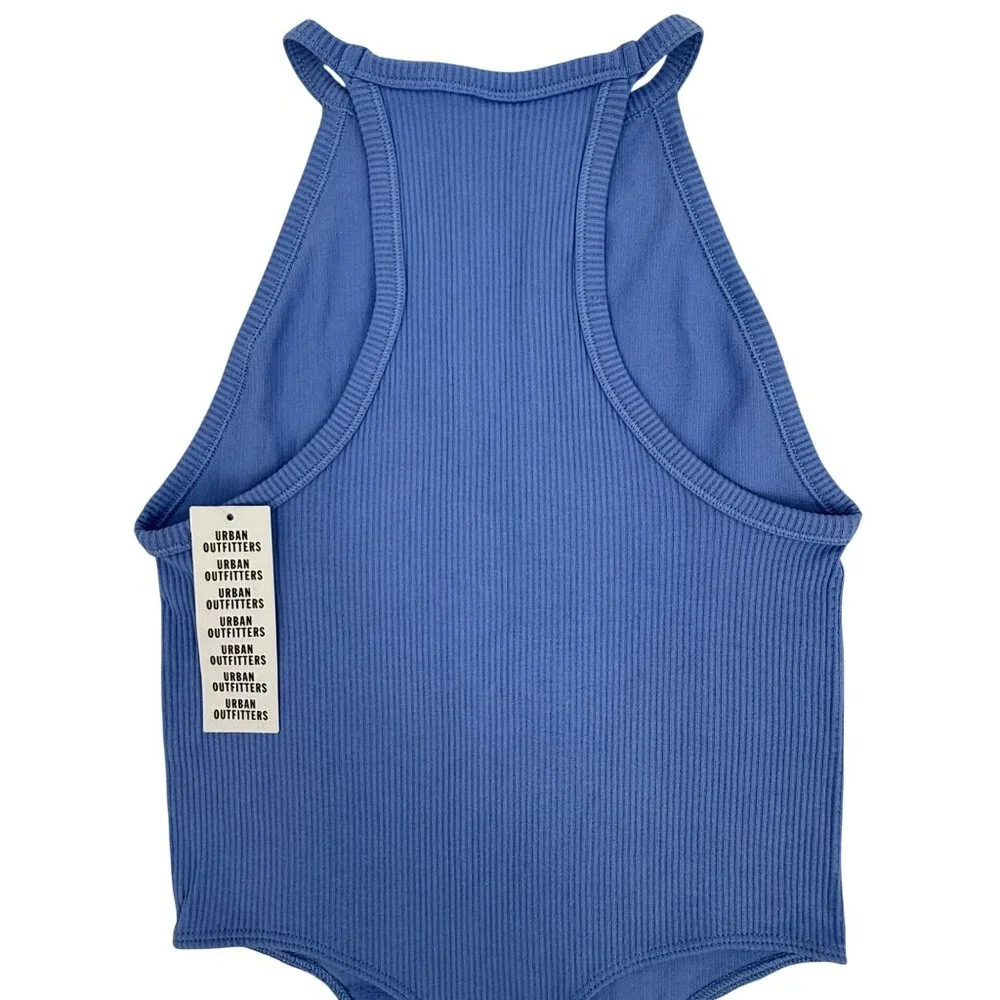 NWT UO Blue Ribbed Bodysuit XS/S High Neck V-Slit Thong • Modern Minimalist Y2K - Picture 15 of 16